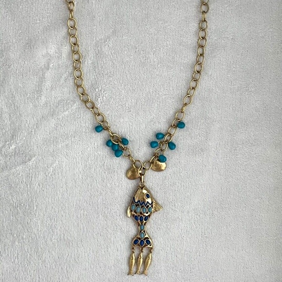 Lilly Pulitzer Fish Medallion Statement Necklace Gold/Blue Enamel/Beaded - Picture 1 of 5